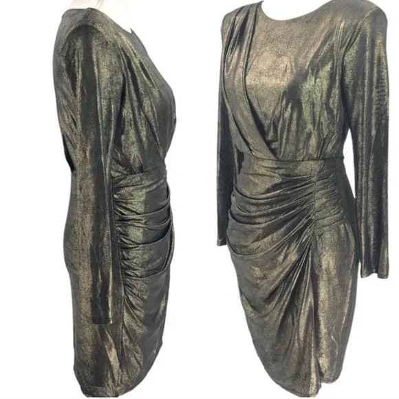 ASTR Gunmetal Gold Foil Ruched Mini Dress Women’s Small Like New - Picture 10 of 10